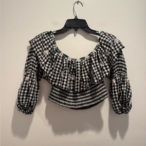 Zara Gingham Daisy Print Puff Sleeve Crop Off the Shoulder Top